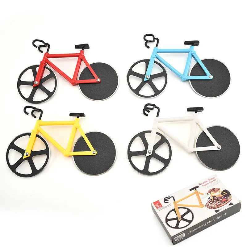 Bicycle shaped pizza cutter with stainless steel blade and ABS handle on white background