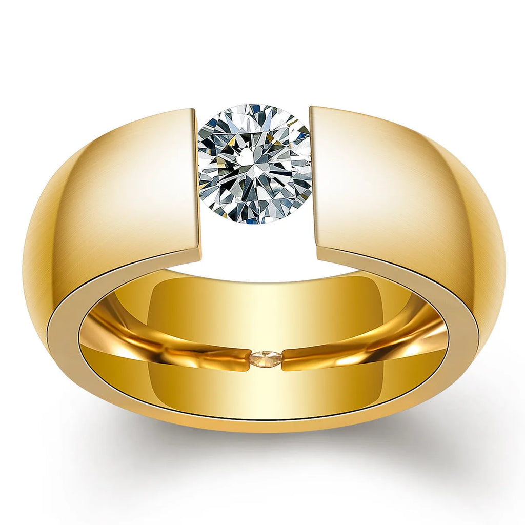 Minimalist gold diamond ring on plain background, titanium steel, geometric shape US sizes 6-10