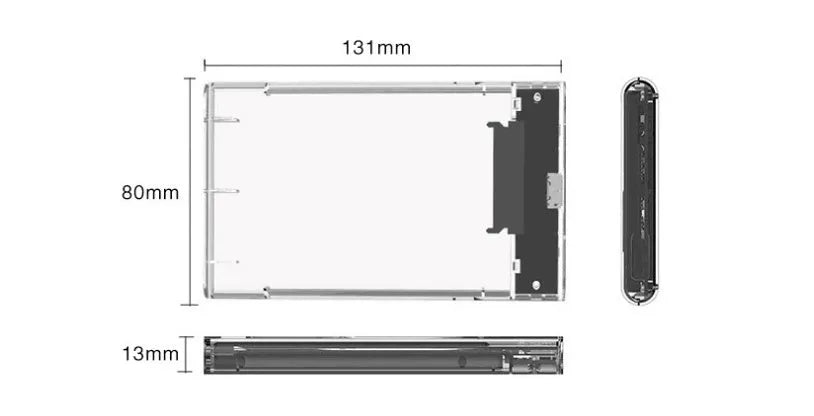Transparent external hard drive enclosure for 2.5-inch SATA HDD or SSD with USB 3.1 interface