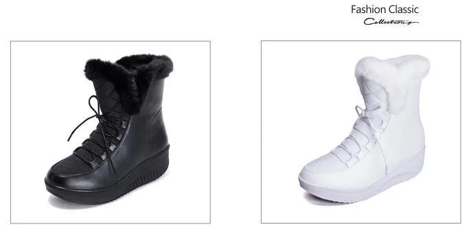 Black women's winter boots with lace-up closure, water-resistant PU leather, and a plush lining.