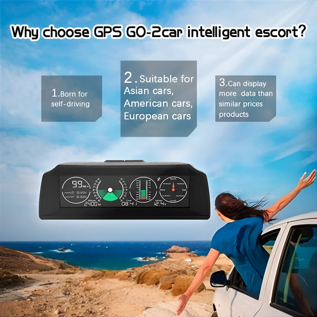 GPS GO 2 black car head-up display unit showing speed, angles, and compass on a colour LCD screen.