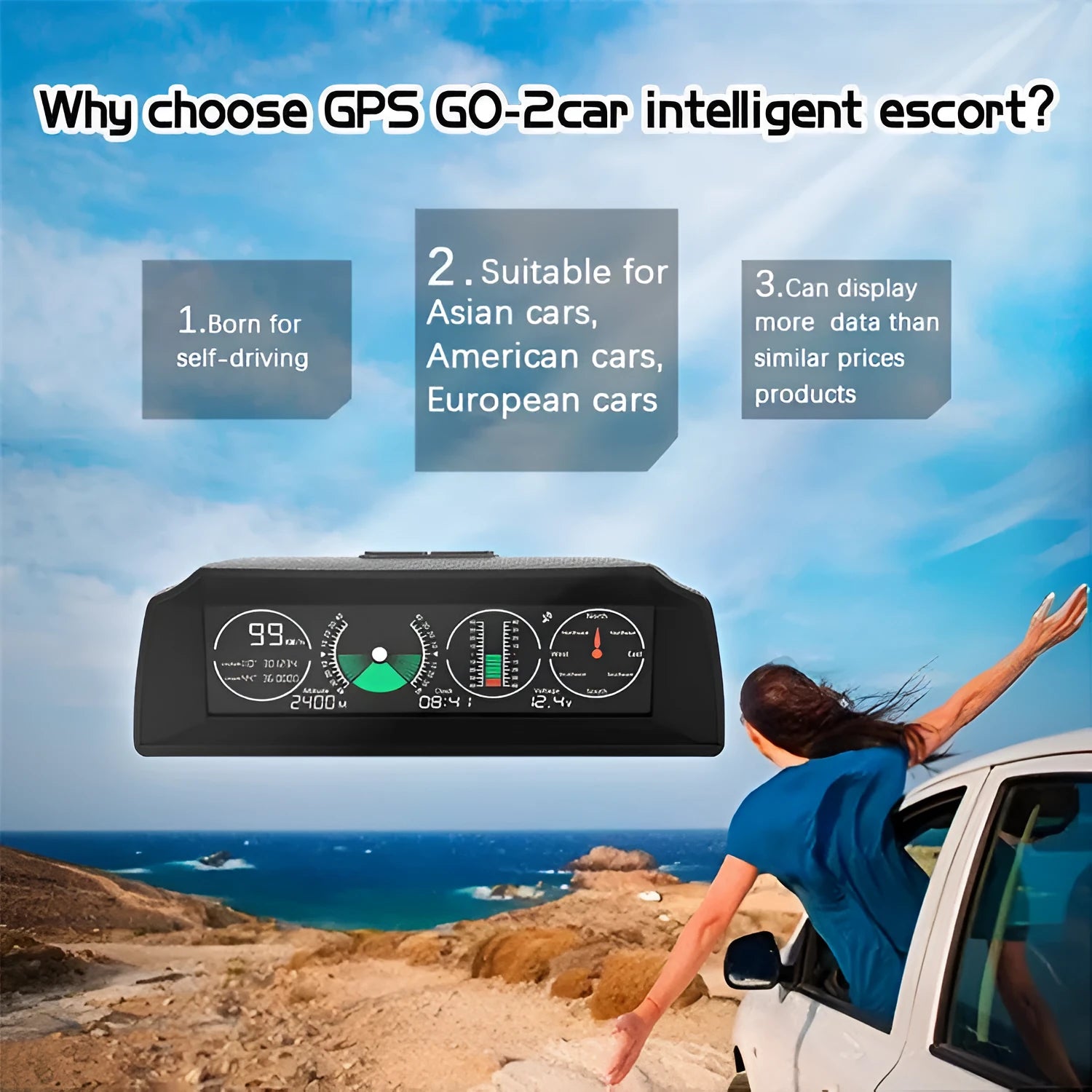 GPS GO 2 black car head-up display unit showing speed, angles, and compass on a colour LCD screen.