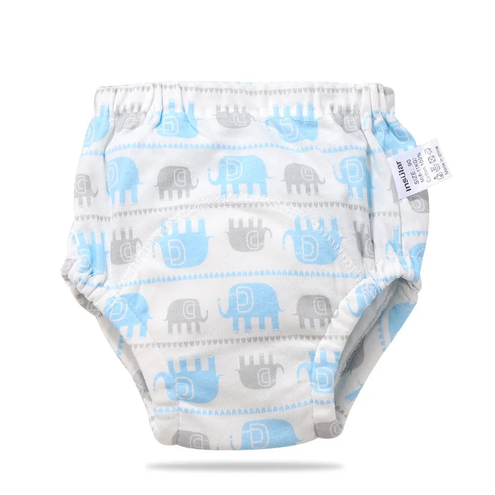 Baby training learning pants in cotton gauze with TPU waterproof layer, shown in panda print on white background