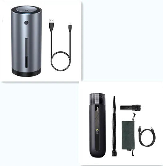 Starry sky black handheld cordless car vacuum cleaner with blowing hose accessory on a desktop.