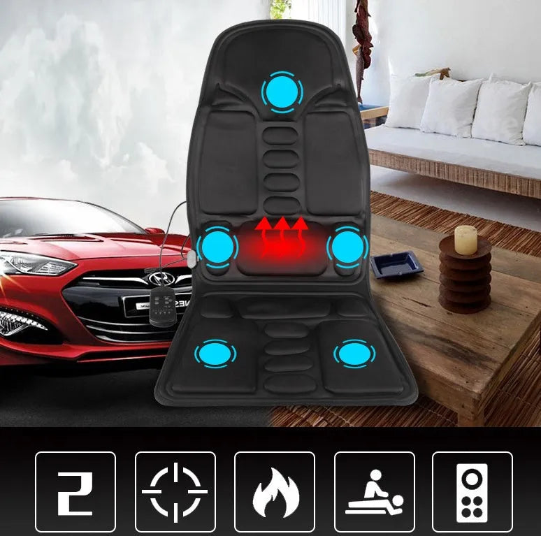 Car massage cushion with handheld remote, luxury fabric, rectangular trapezoid shape, 5 motors for neck, back, waist, and leg relief