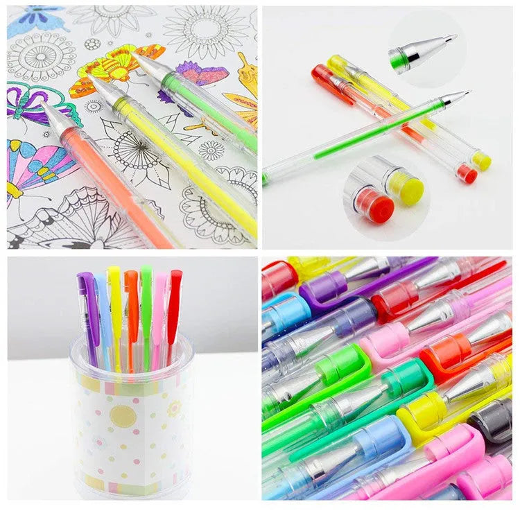 Set of 100 multicoloured gel and highlighter pens with plastic barrels, showing 0.5mm and 1mm tips.