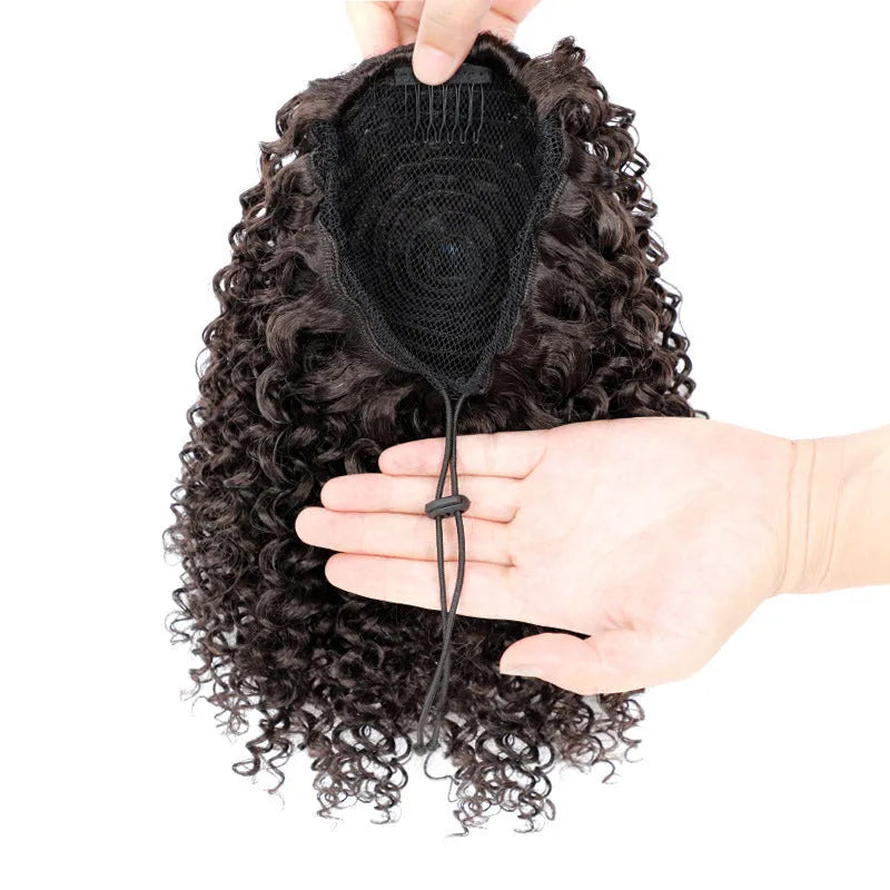 14-inch chemical fibre fluffy ponytail wig in black high temperature wire for women