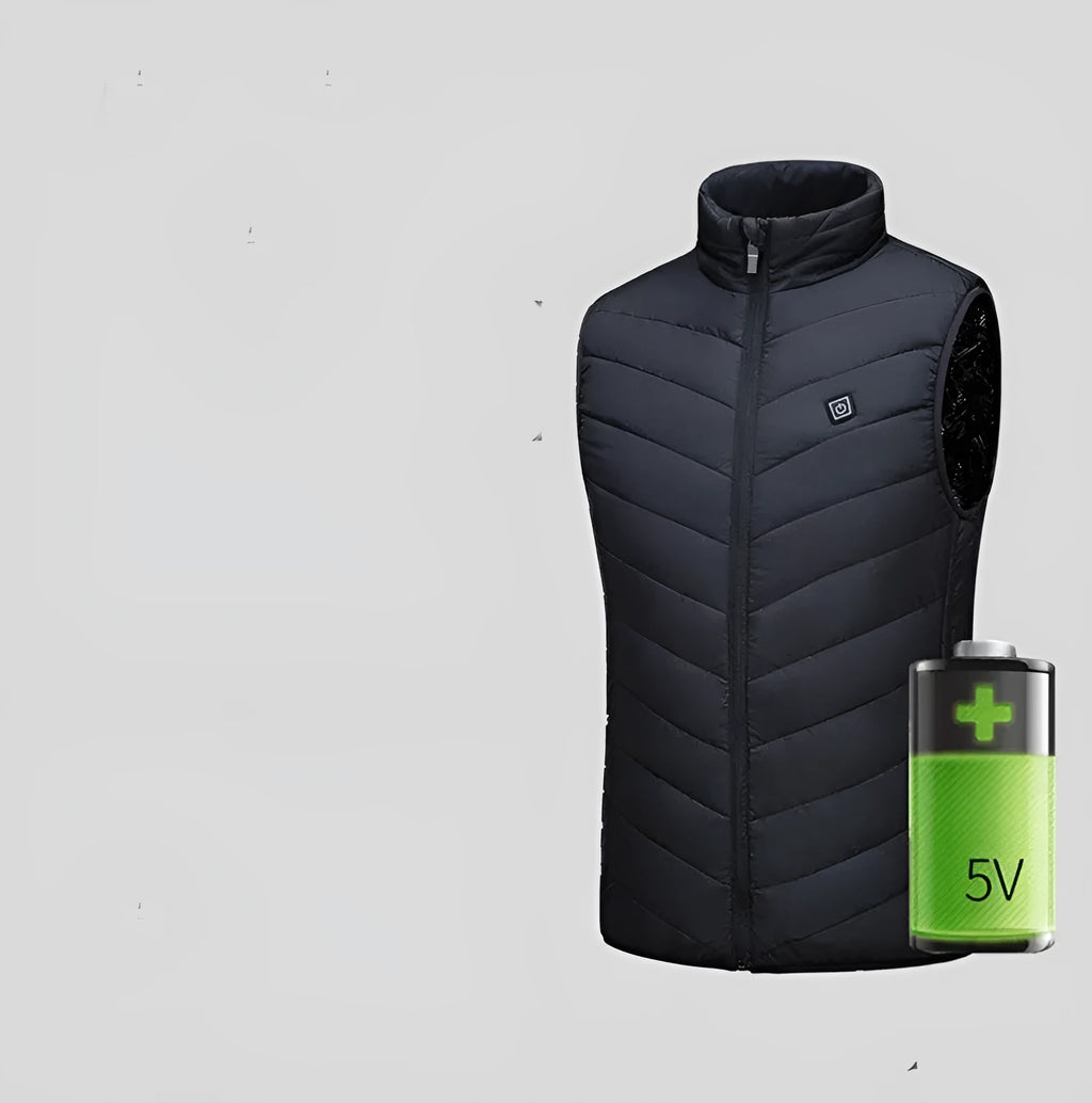 USB powered smart heating vest for men and women in slim fit cardigan style with zipper, black colour