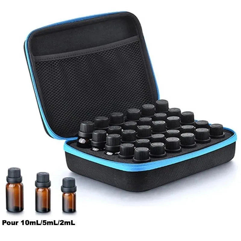 Red EVA essential oil storage bag with 30 compartments mounted on a wall