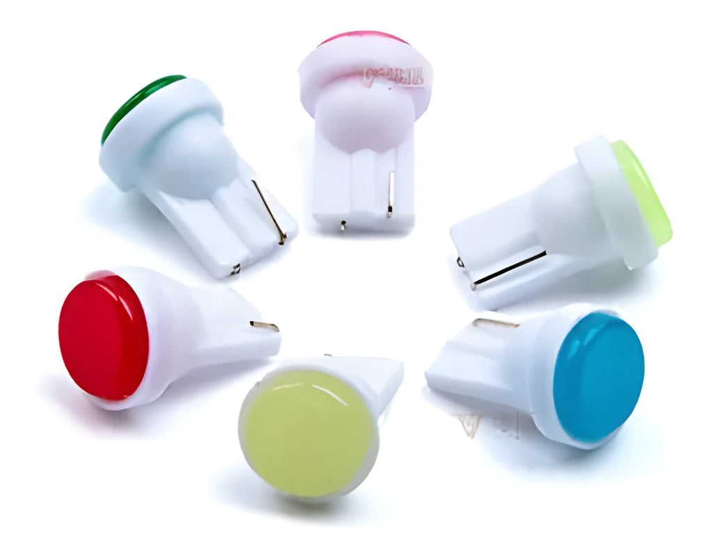 T10 12V COB LED car indicator light bulb in six colour options: white, blue, red, purple, yellow, green.