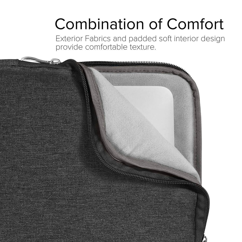 Grey canvas notebook sleeve case for Apple iPad Pro 12.9 inch tablet on a wooden desk