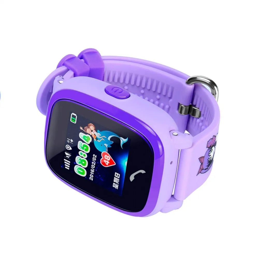 Blue children's smart watch with silicone strap showing time on 1.22 inch touch screen