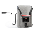 Grey Oxford cloth car USB baby bottle warmer with electronic display, shown with two bottles and car charger.