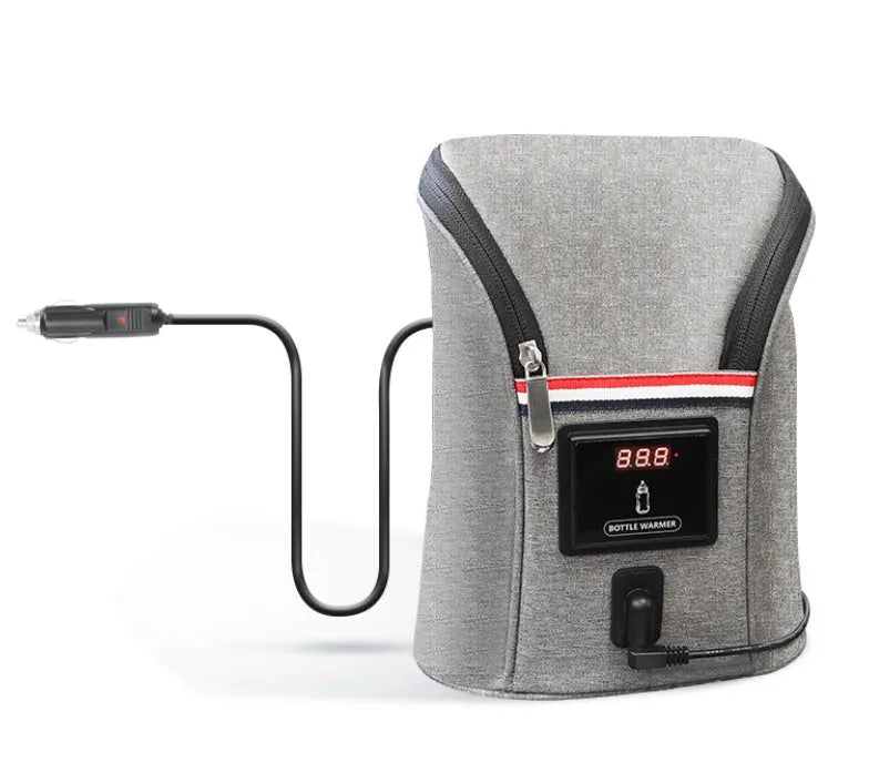 Grey Oxford cloth car USB baby bottle warmer with electronic display, shown with two bottles and car charger.