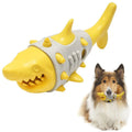 Blue grey yellow dog teething toy with shark-tooth pattern and bite-resistant rubber construction