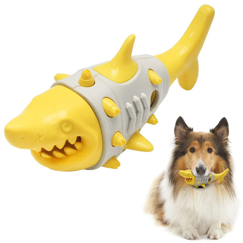 Blue grey yellow dog teething toy with shark-tooth pattern and bite-resistant rubber construction