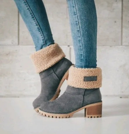 Women's chunky heel mid-calf suede snow boots in green, shown on a foot.