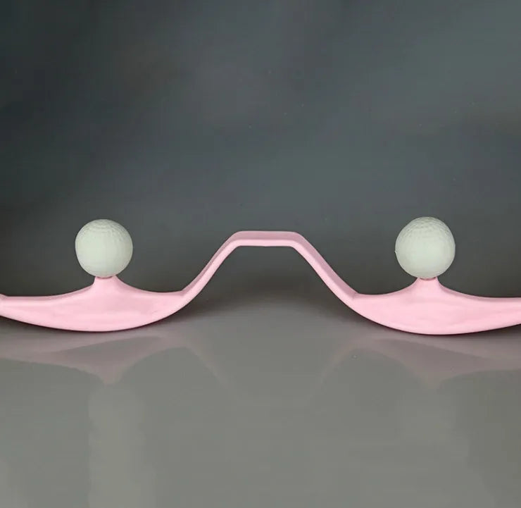 Blue plastic manual neck massager with adjustable stand and 3D floating-point rollers on a white background.