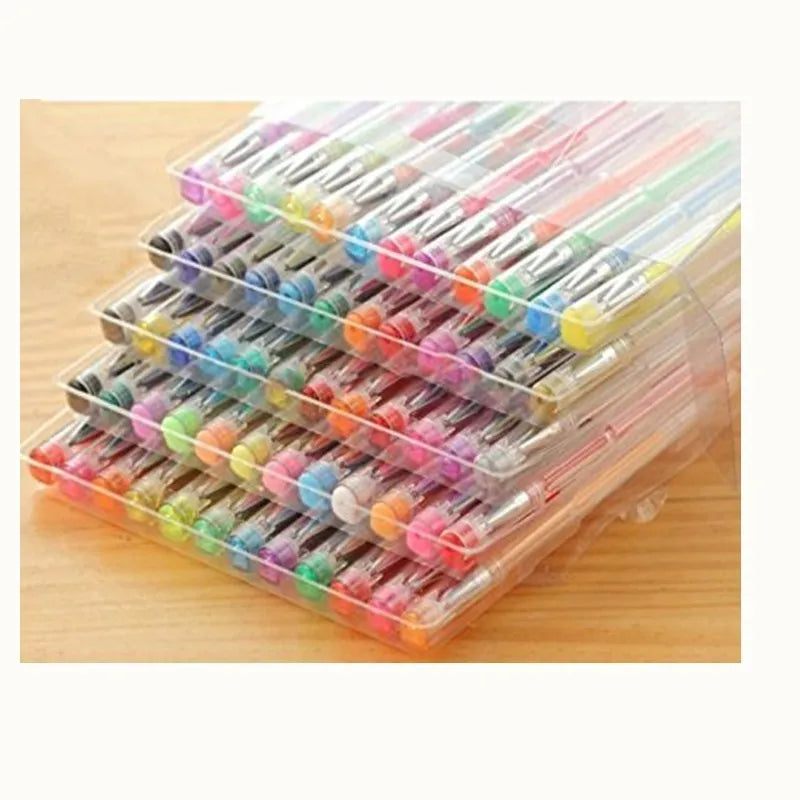 Set of 100 multicoloured gel and highlighter pens with plastic barrels, showing 0.5mm and 1mm tips.