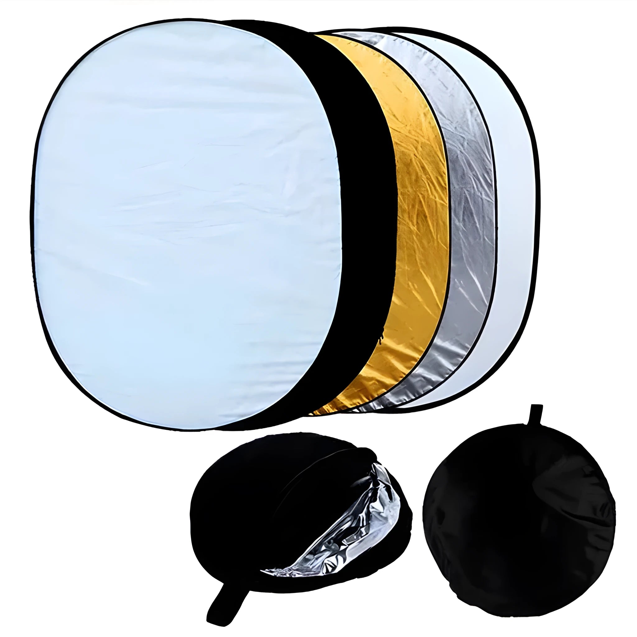 Collapsed 5-in-1 photography light reflector with gold, silver, white, black, translucent surfaces next to its carrying bag.