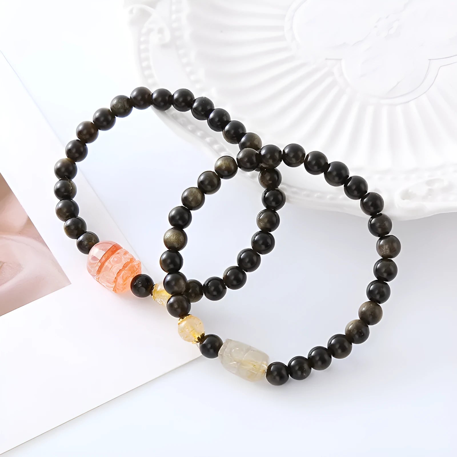 Handmade natural obsidian Pi Xiu bracelet with ethnic zodiac design in gold or red colours