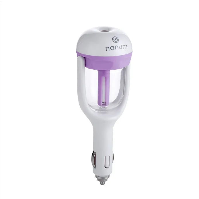 Compact blue car humidifier diffuser with mist output and rotation feature