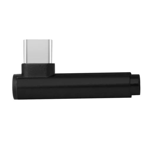 Aluminium alloy Type-C to 3.5mm audio and charging adapter with elbow design in multiple colours.