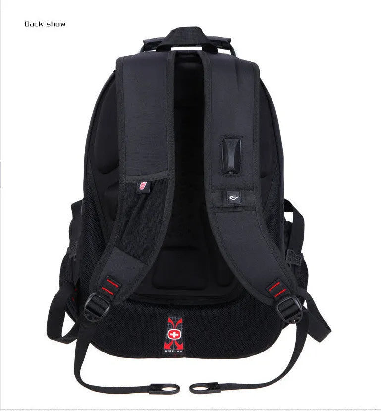 Black polyester travel outdoor backpack with waterproof breathable fabric, hard handle, shoulder pad and metal element