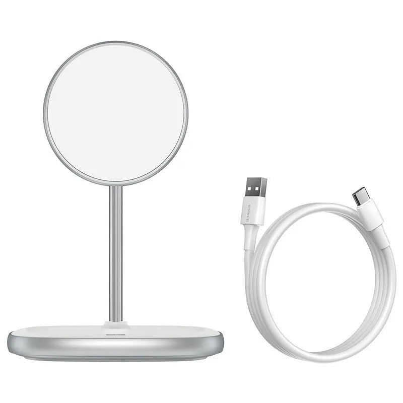 Swan black magnetic desktop wireless charging stand for iPhone 12 with included Type-C cable.