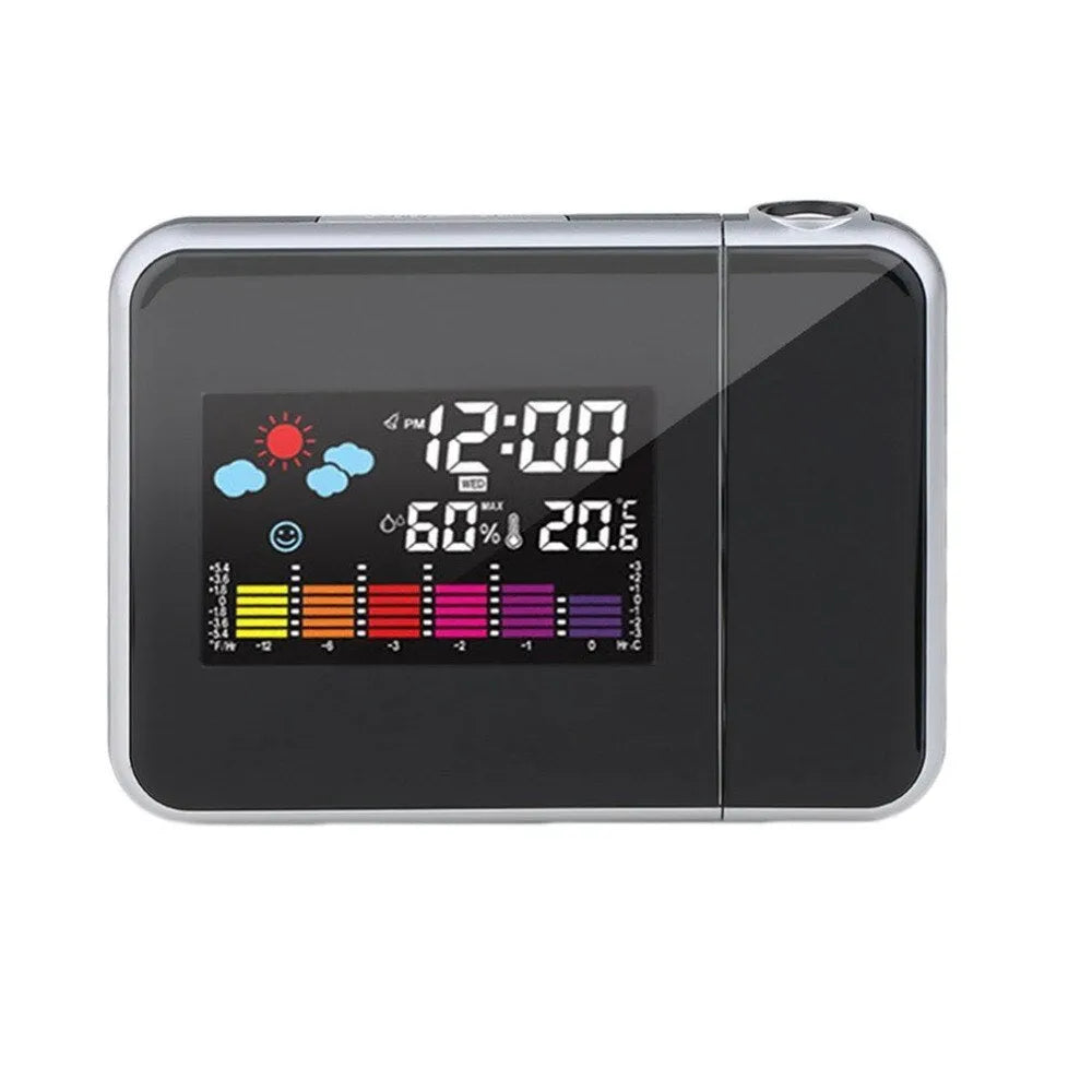 Black digital projection alarm clock showing time, temperature, and humidity on its display.