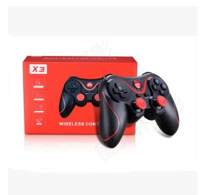 Upgraded X3 Bluetooth wireless game controller for Android phones in black or white, shown with phone clip attached.