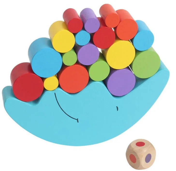 Wooden moon balance game with yellow and blue blocks for toddlers aged 2-4