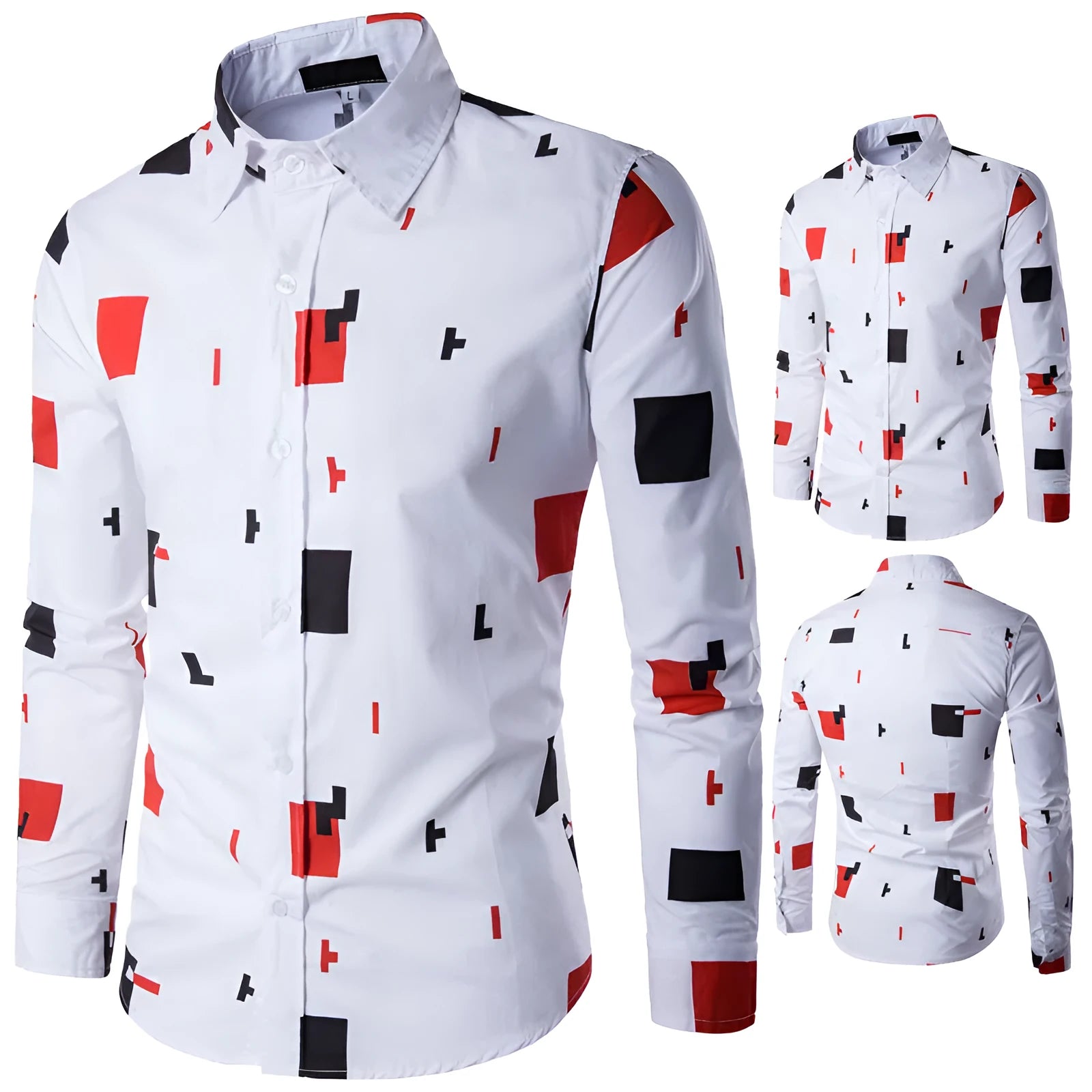Men's casual long sleeve shirt in white, pure cotton, available in sizes M to 5XL with Asian fit