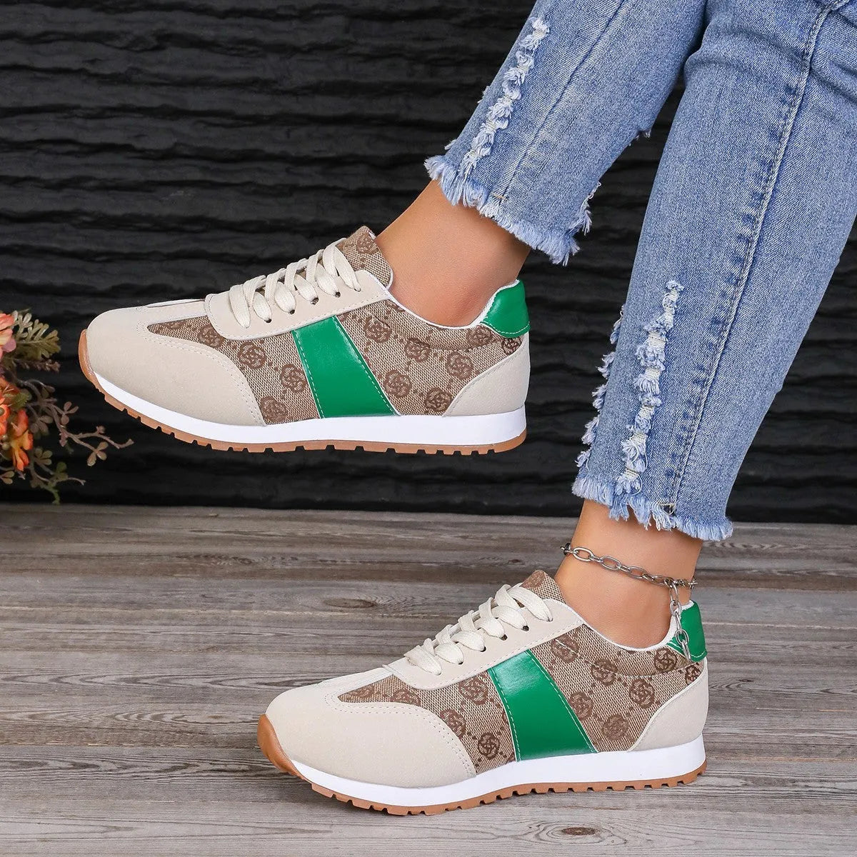 Women's casual lace-up shoes with cross strap in khaki colour showing shallow cut design and rubber sole