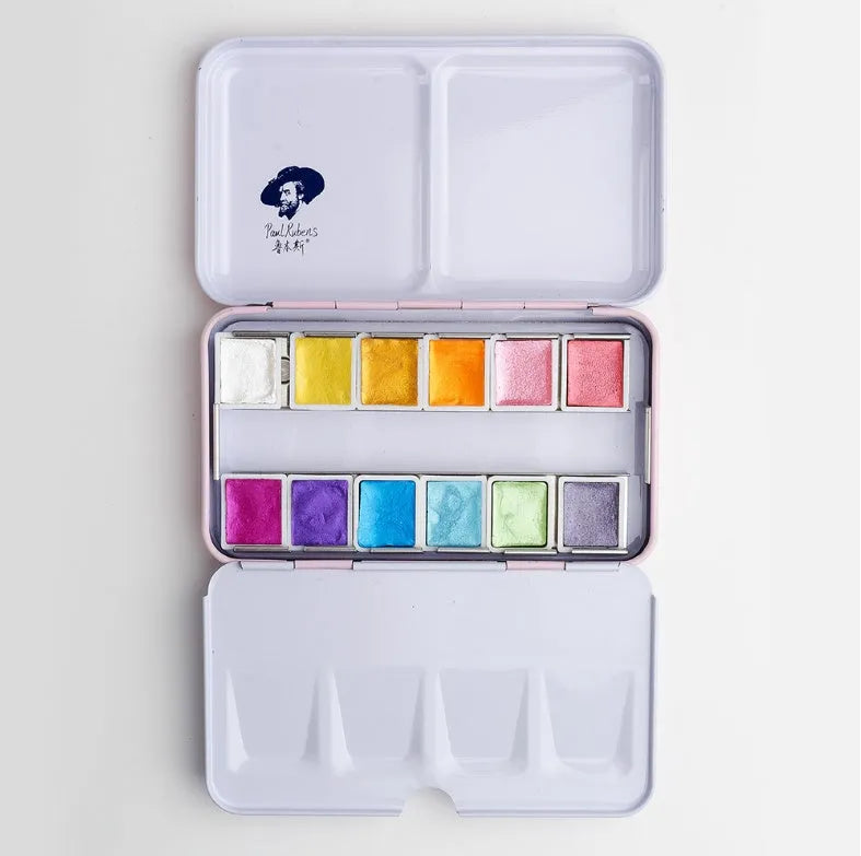 Set of pearlescent solid watercolour paint pans showing shimmering colours, available in 12 or 24 colour options.