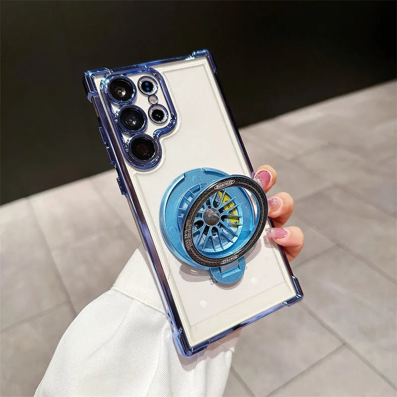 Samsung S23 phone case electroplated cool black with rotating gyro bracket and magnetic suction back