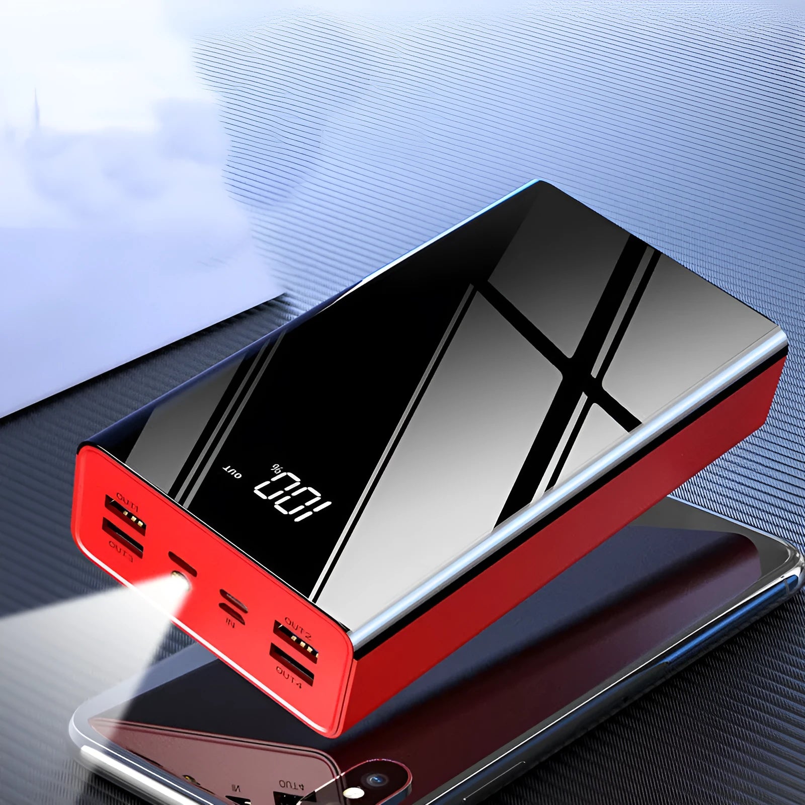 Black large capacity 40000mAh power bank with LCD screen showing battery percentage