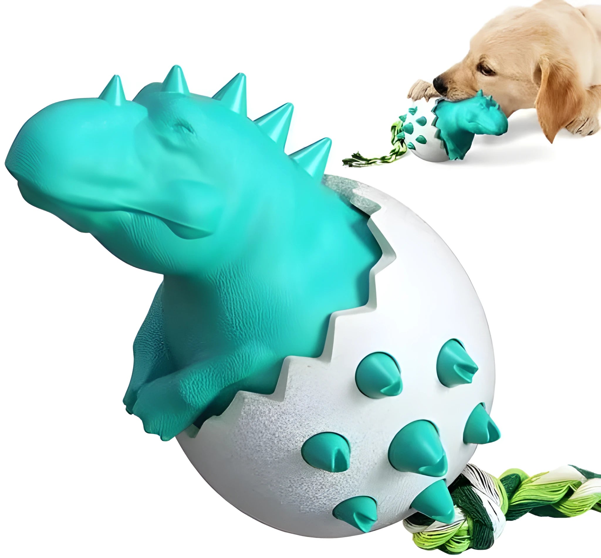 Blue durable rubber dinosaur dog chew toy with rope for aggressive chewers.