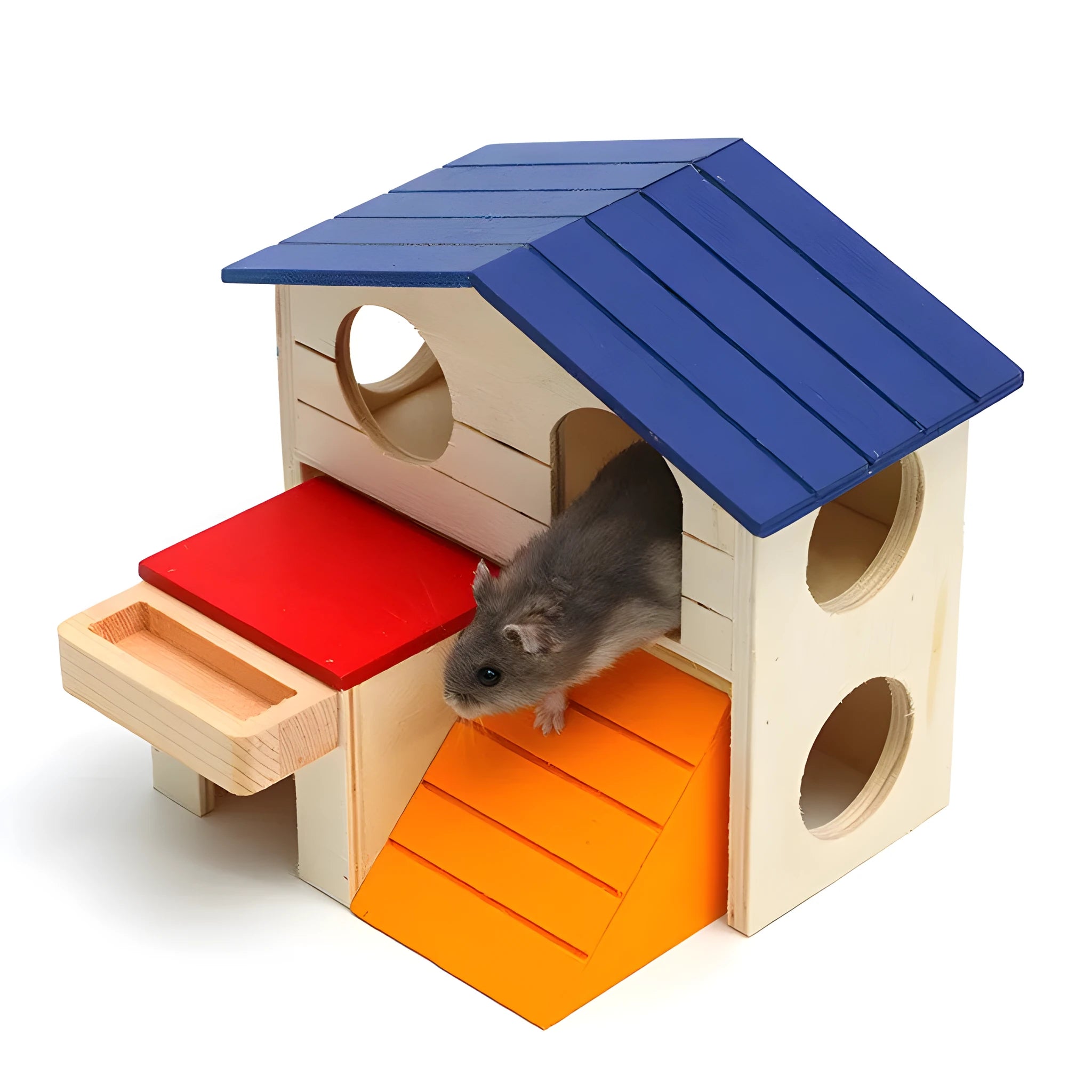 Blue roof wooden villa toy for hamsters, measuring 17x17x15 cm, on a white background.