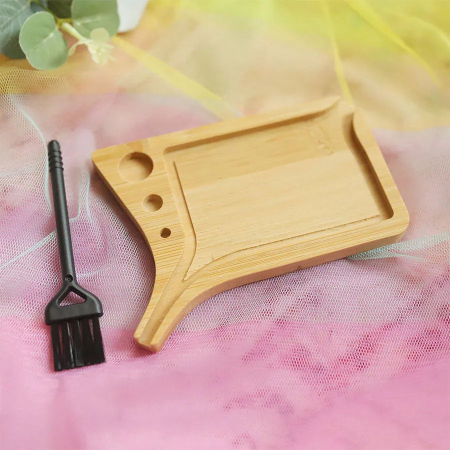 Wooden slotted funnel-type cigarette tray set in bamboo with cleaning brush, natural wood colour