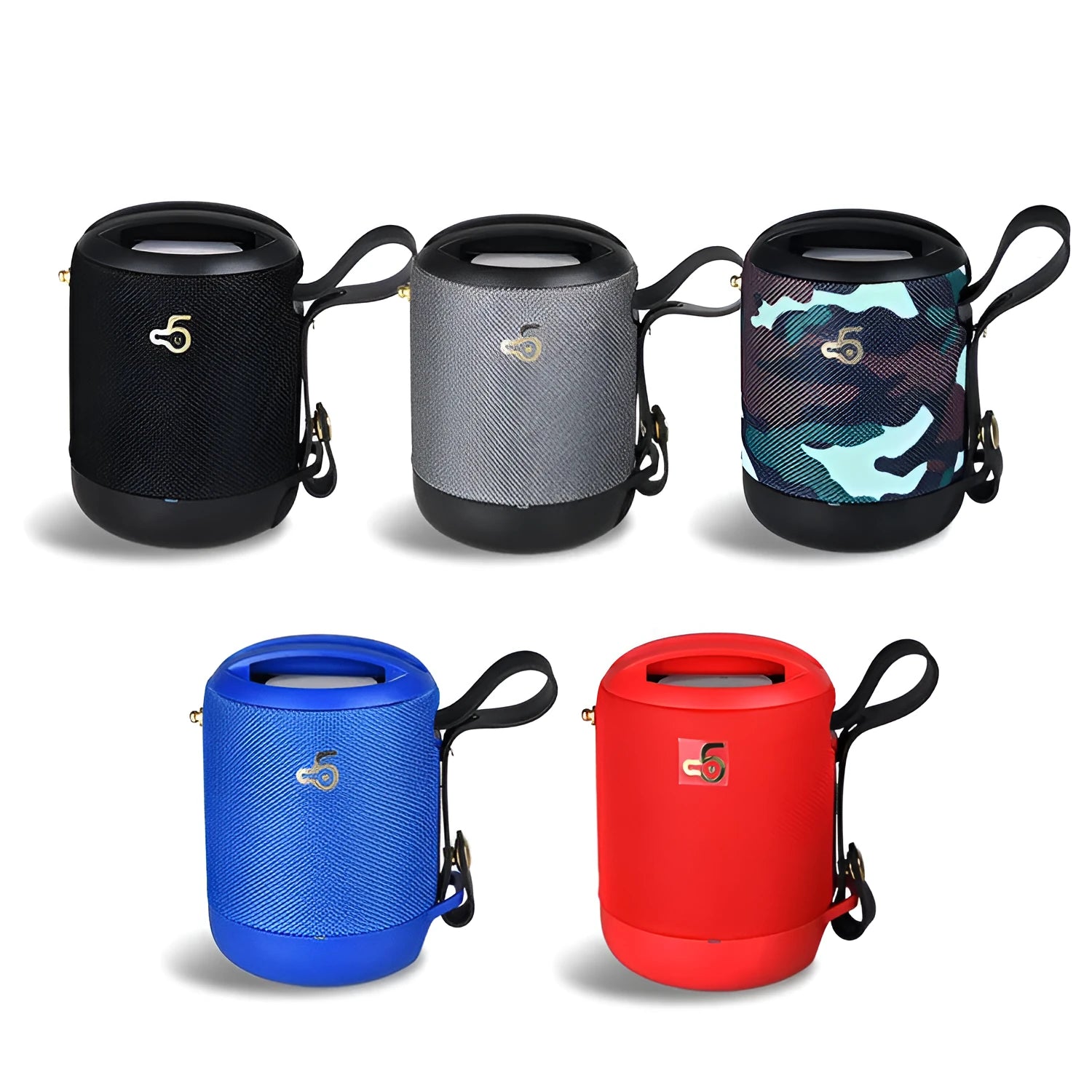 Compact portable Bluetooth speaker with carrying strap in multiple colour options.