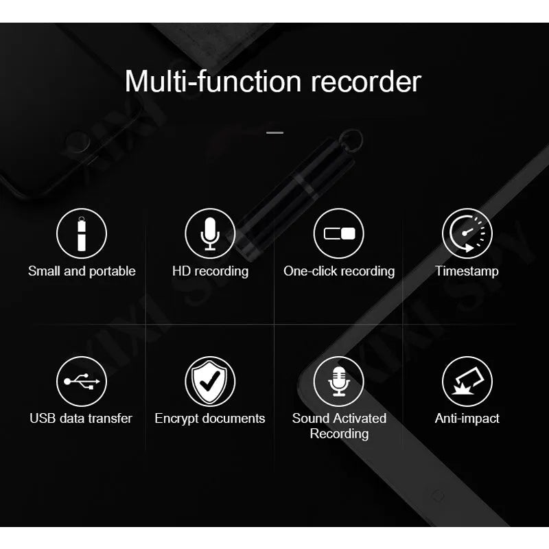Black Amoi A1 metal digital voice recorder with headset.