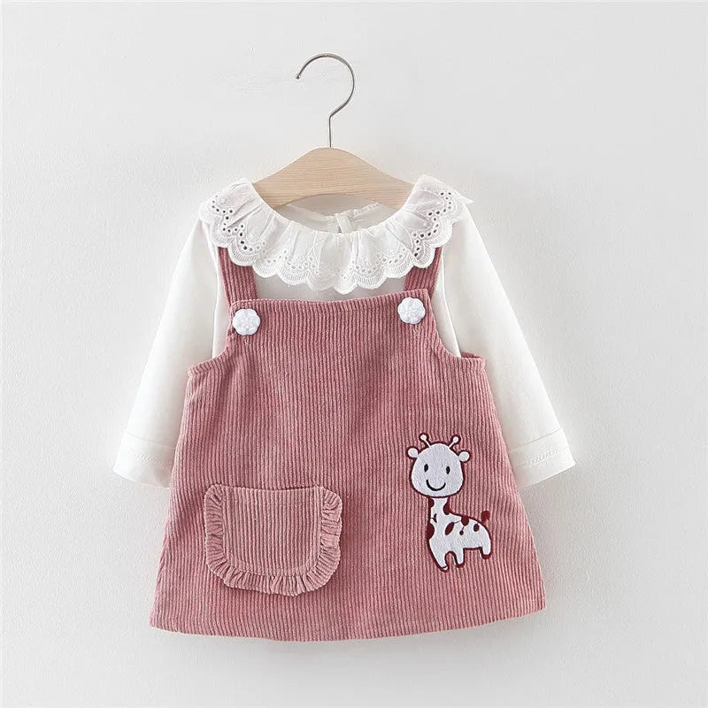Baby girl cotton suspender dress two piece set in yellow with animal design