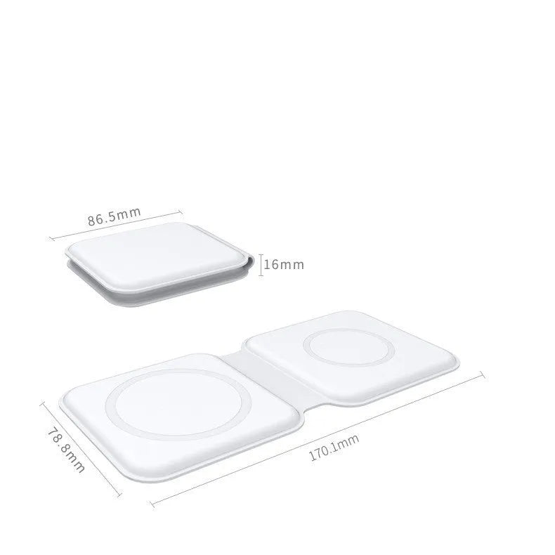 White 2 in 1 magnetic wireless charger with foldable design showing dual charging surfaces