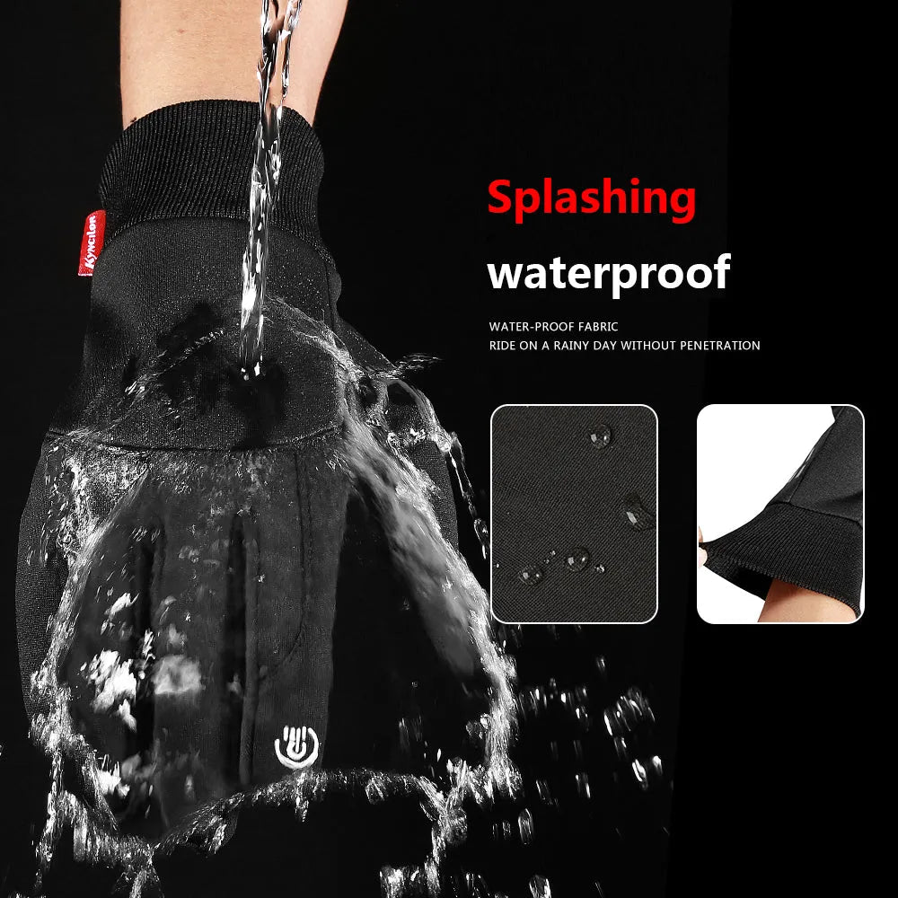 Pair of black winter outdoor sports gloves with touchscreen fingertips on a neutral background