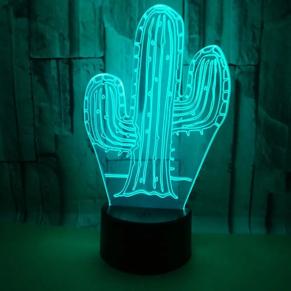 Cactus 3D night light with touch button, 7 colour LED, USB or AAA battery power, 87x87x42mm base