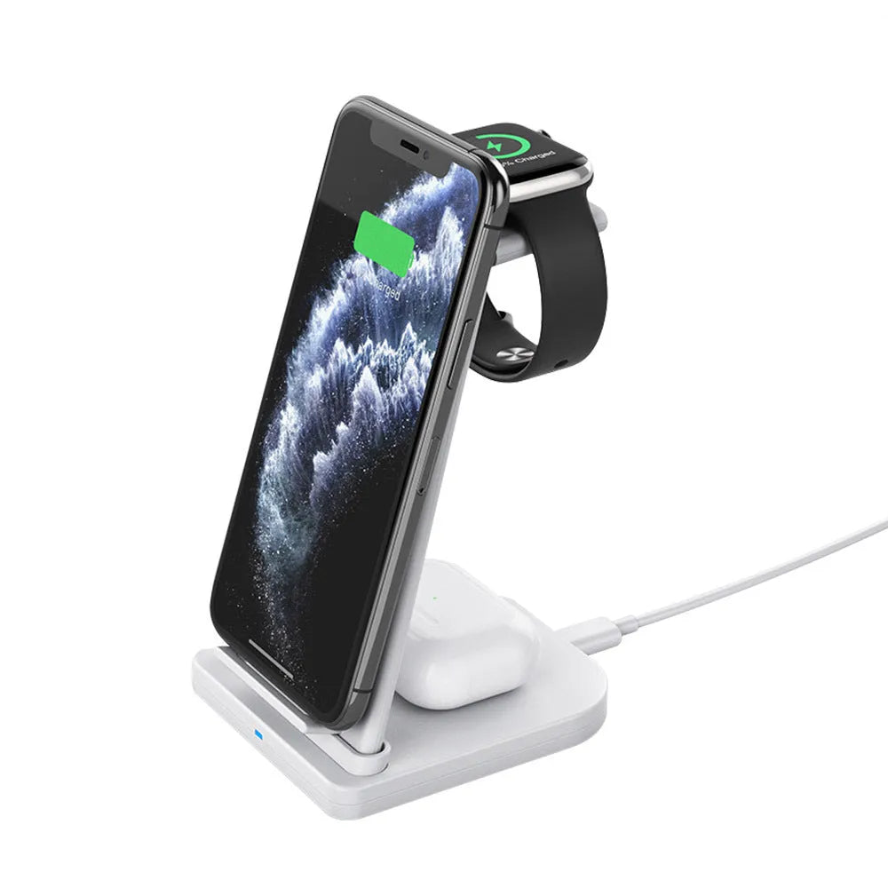 Black foldable 3-in-1 wireless charger showing phone, headphones and watch charging simultaneously