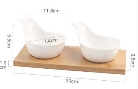 Porcelain ceramic dried fruit dish with wooden board, showing multiple grid compartments for snack separation.