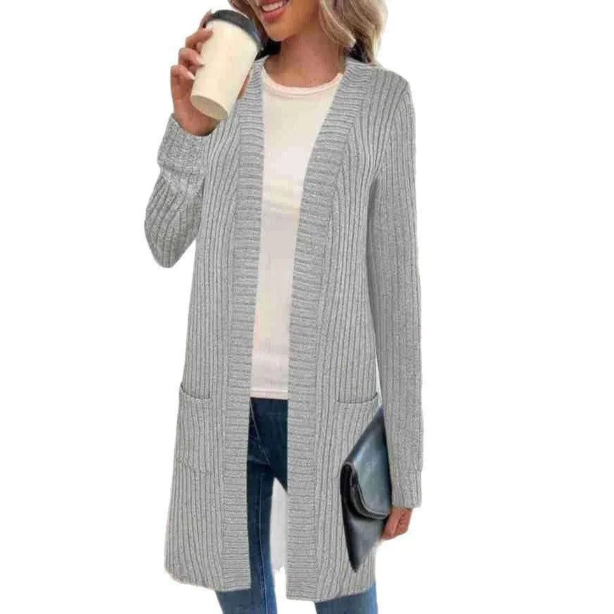 Long sleeve loose fit knitted cardigan jacket with pockets in black, wine red, or grey
