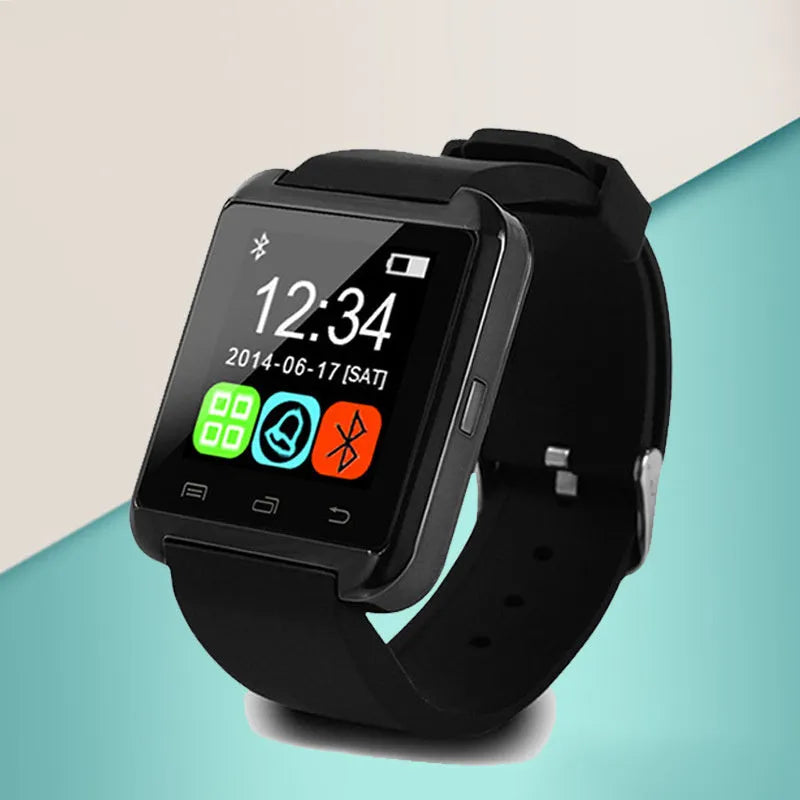 U8 smart watch in black, red, or white with a three-dimensional case shape and display.